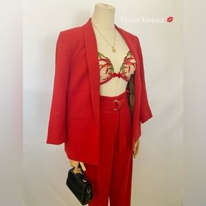H&M OPEN FRONT BLAZER & BELTED PAPERBAG PANT 2-PIECE PANTSUIT IN RED